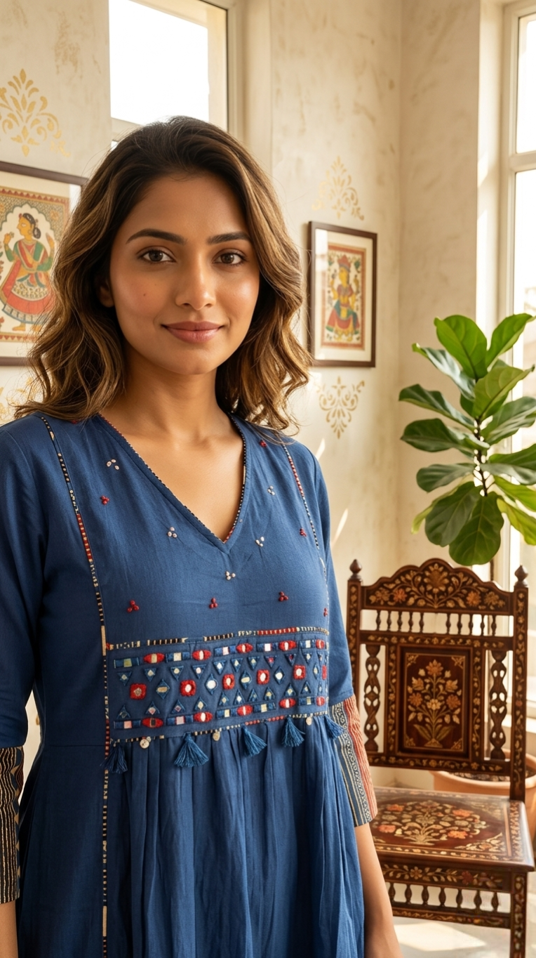 Women Navy Blue Mirror Work Cotton Kurta Pant Dupatta Set