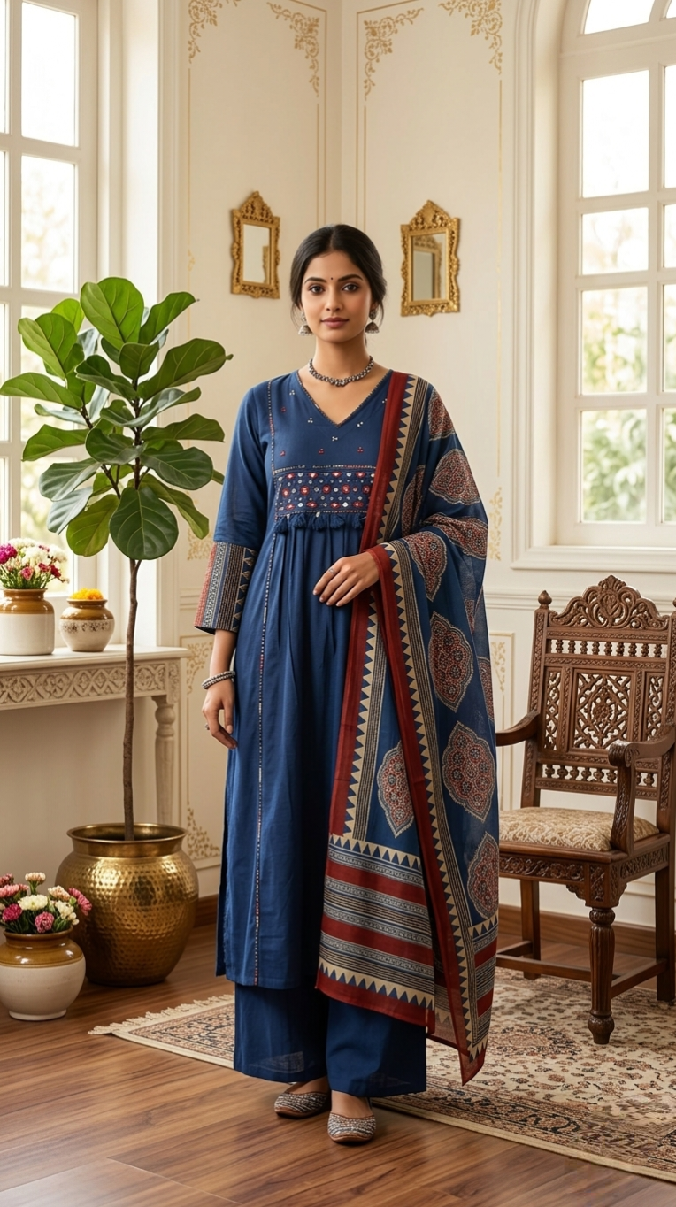 Women Navy Blue Mirror Work Cotton Kurta Pant Dupatta Set