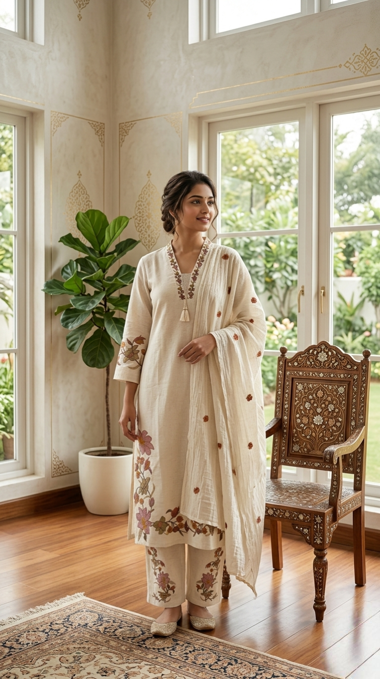 Women Off White Thread Embroidery Cotton Kurta Pant Dupatta Set