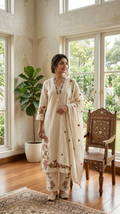 Women Off White Thread Embroidery Cotton Kurta Pant Dupatta Set