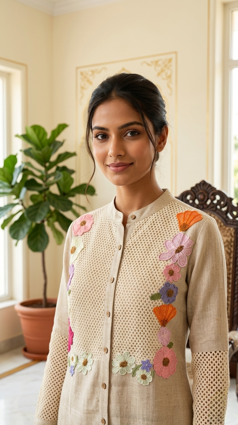 Women Light Brown Applique Work Jute Cotton Coord Set