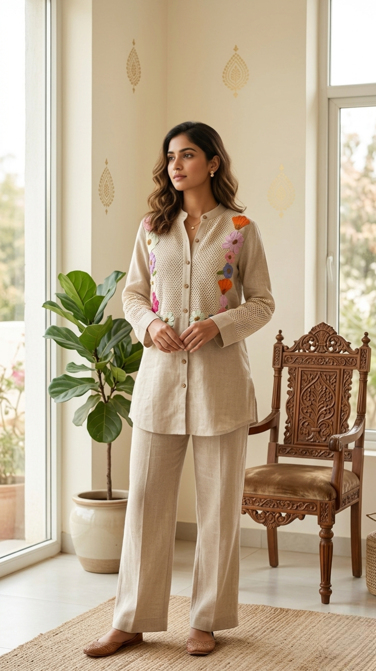 Women Light Brown Applique Work Jute Cotton Coord Set