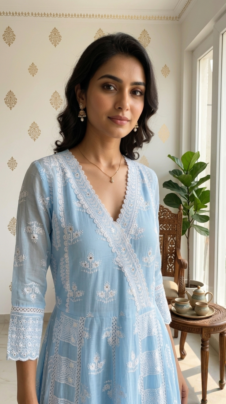 Women Sky Blue Chikankari Work Cotton Kurta Pant Dupatta Set