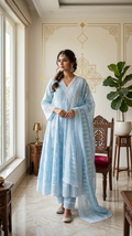 Women Sky Blue Chikankari Work Cotton Kurta Pant Dupatta Set