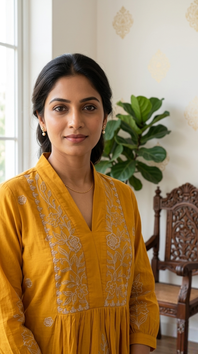 Women Mustard Yellow Thread Embroidery Cotton Kurta Pant Dupatta Set
