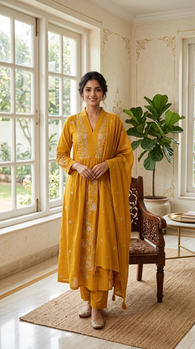 Women Mustard Yellow Thread Embroidery Cotton Kurta Pant Dupatta Set