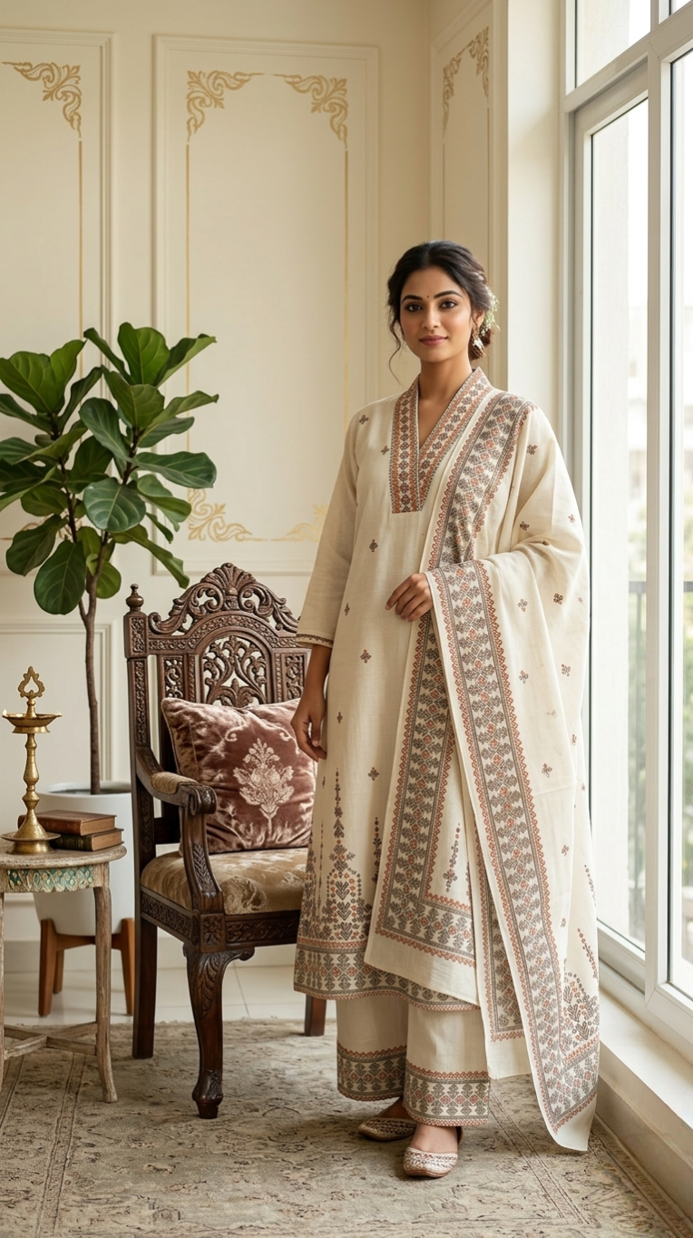Women Beige Embroidered Cotton Kurta Pant Dupatta Set