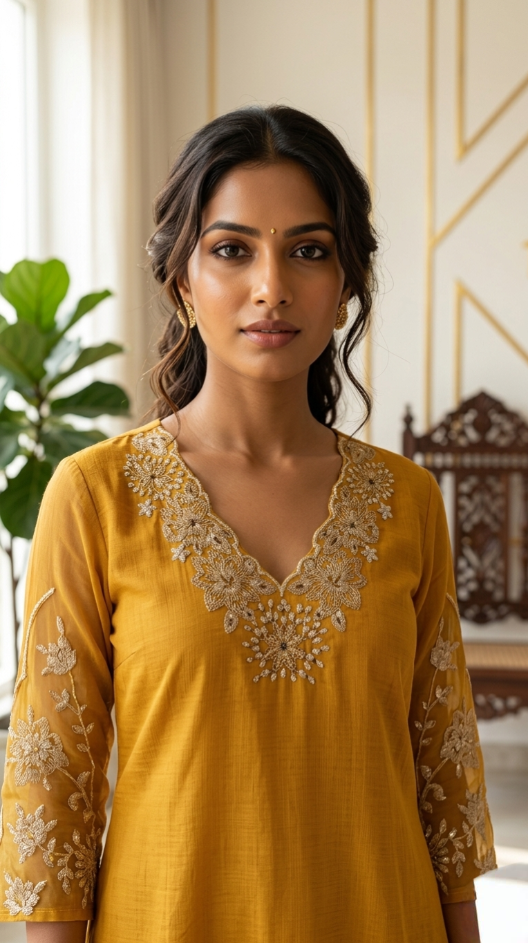 Women Mustard Yellow Zari Embroidered Cotton Kurta Pant Dupatta Set