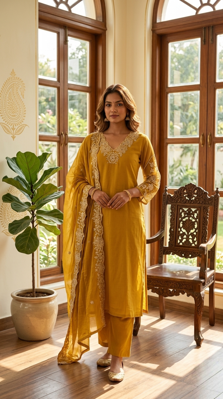 Women Mustard Yellow Zari Embroidered Cotton Kurta Pant Dupatta Set