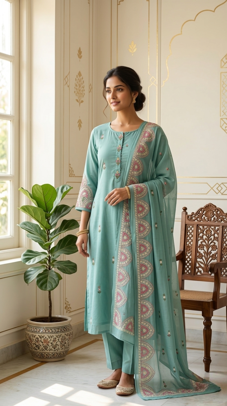 Women Sky Blue Thread Embroidered Cotton Kurta Pant Dupatta Set