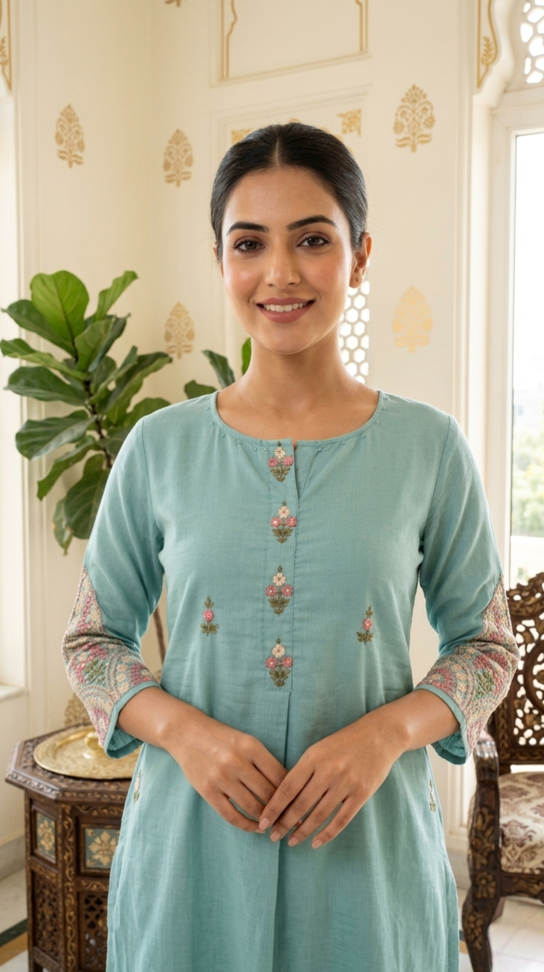 Women Sky Blue Thread Embroidered Cotton Kurta Pant Dupatta Set