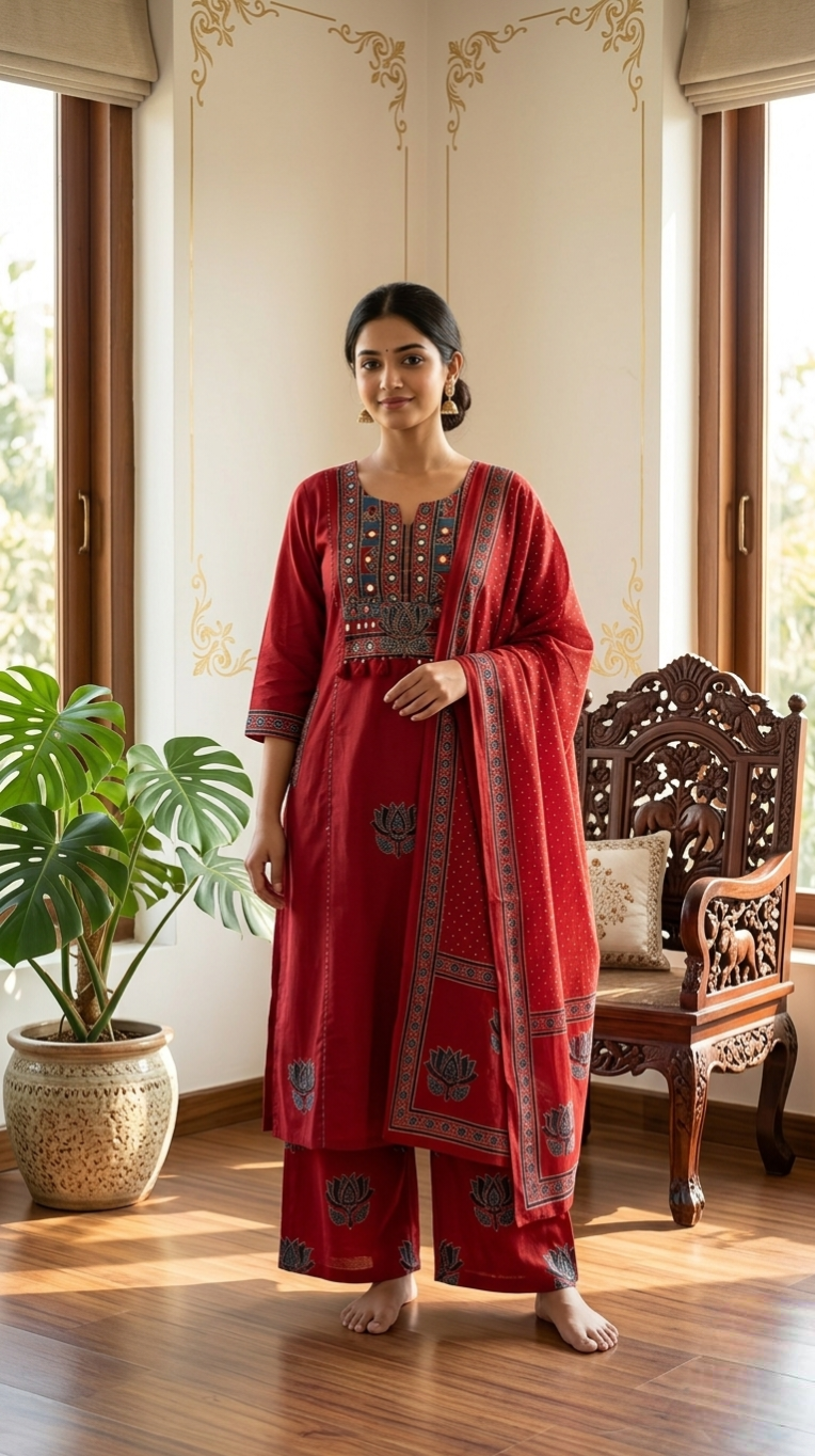 Women Red Patch With Mirror Work Cotton Kurta Pant Dupatta Set