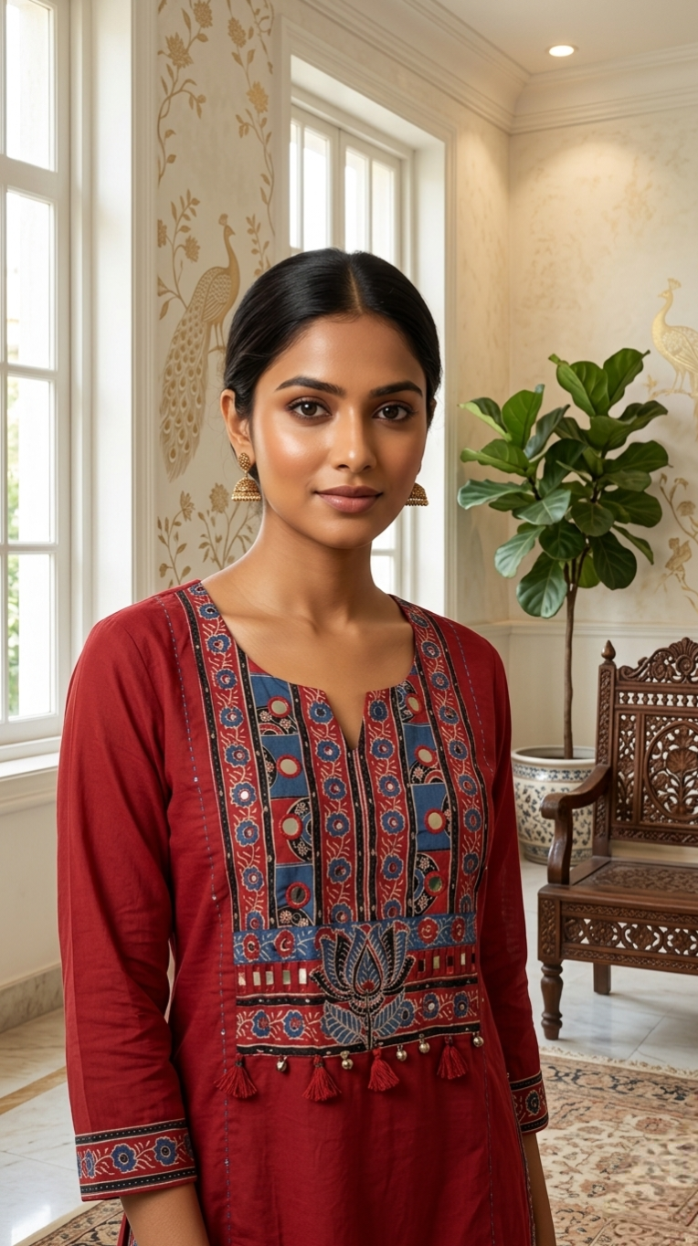 Women Red Patch With Mirror Work Cotton Kurta Pant Dupatta Set