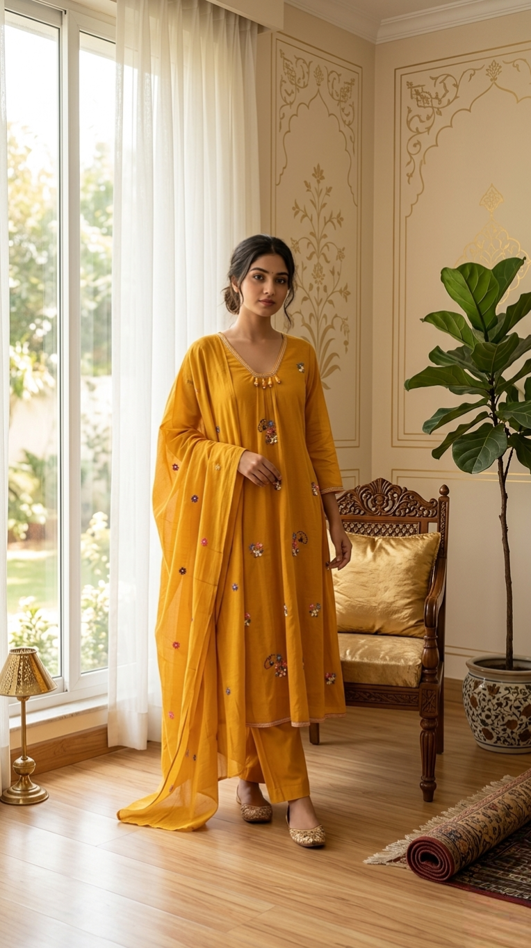 Women Mustard Yellow Thread Work Cotton Kurta Pant Dupatta Set