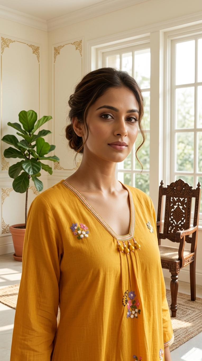 Women Mustard Yellow Thread Work Cotton Kurta Pant Dupatta Set