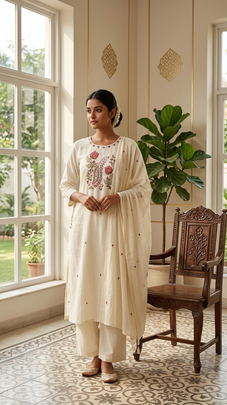 Women Cream Thread With Mirror Work Cotton Kurta Pant Dupatta Set