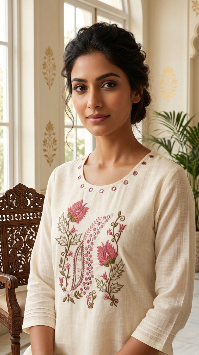 Women Cream Thread With Mirror Work Cotton Kurta Pant Dupatta Set