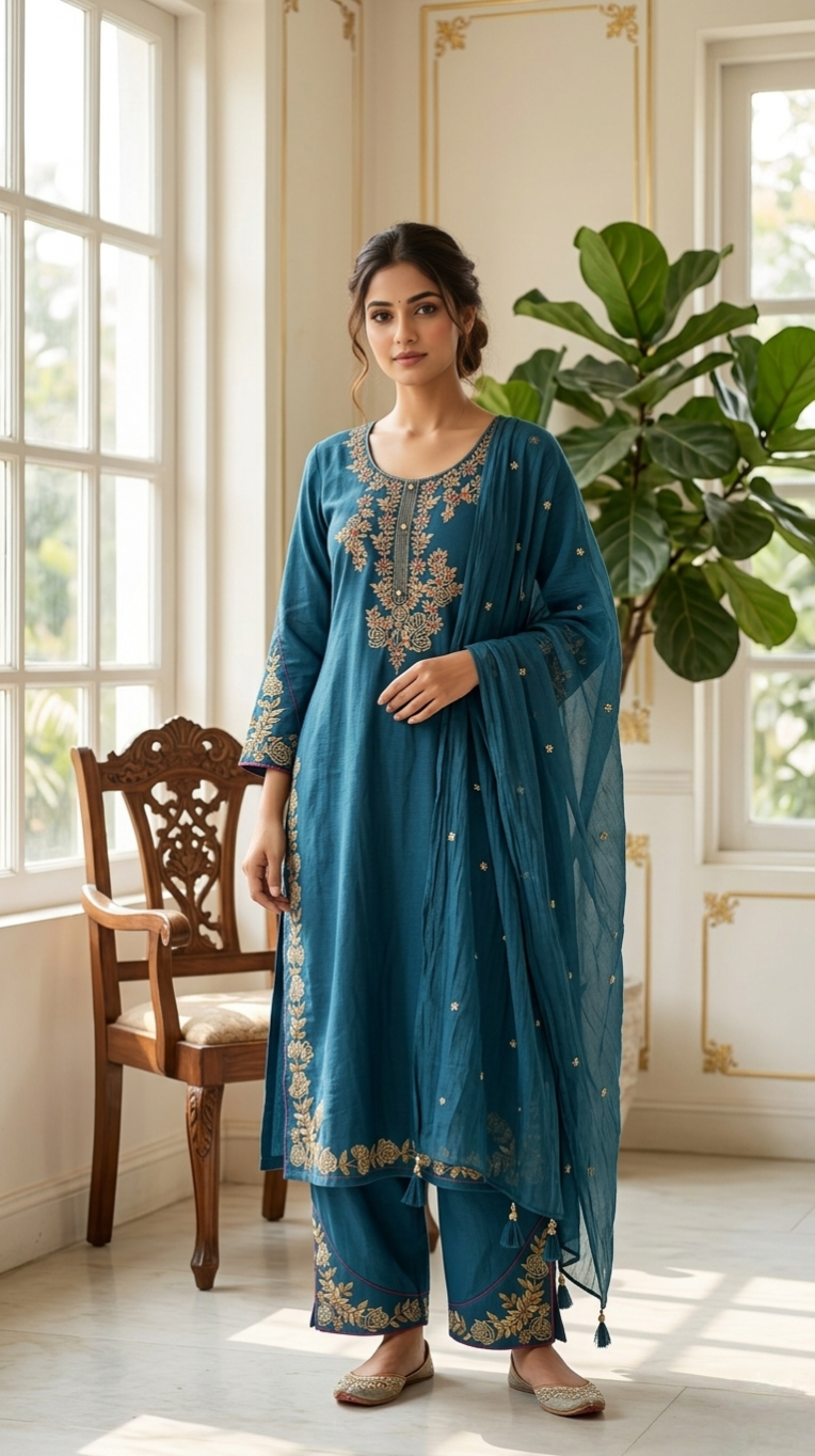 Women Teal Blue Thread Embroidered Cotton Kurta Pant Dupatta Set
