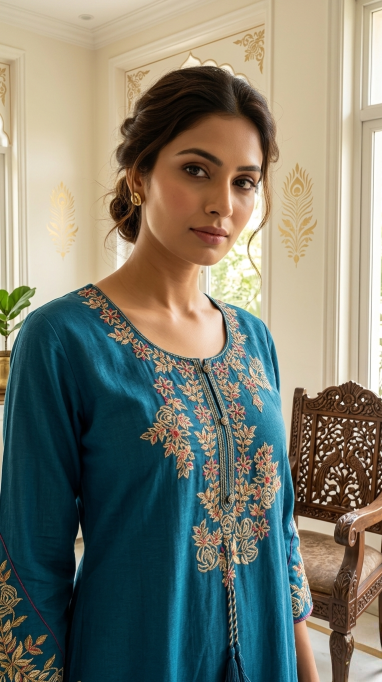 Women Teal Blue Thread Embroidered Cotton Kurta Pant Dupatta Set