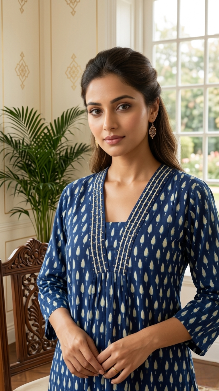 Women Navy Blue Printed Cotton Kurta Pant Dupatta Set