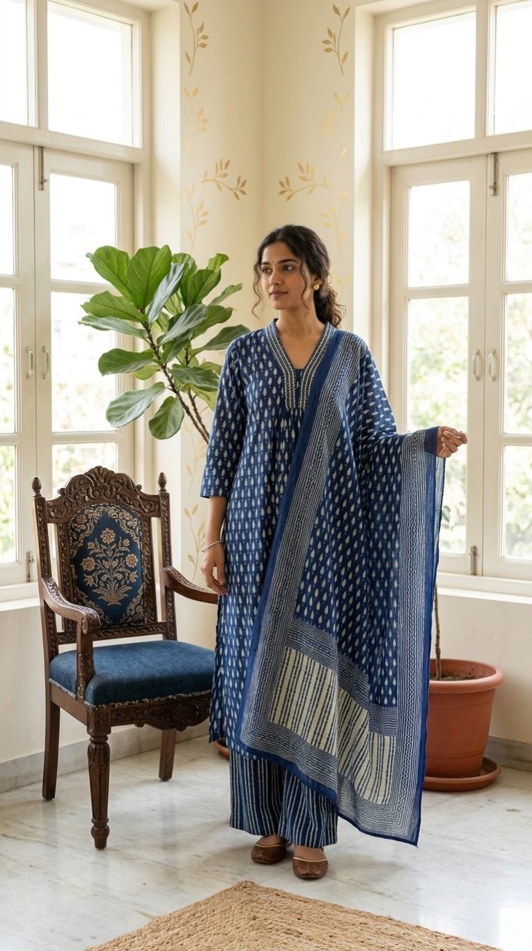Women Navy Blue Printed Cotton Kurta Pant Dupatta Set