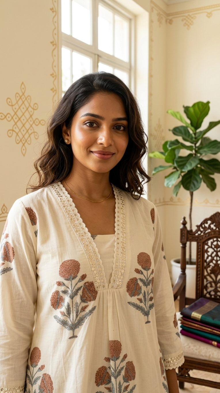 Women Off White Printed With Embroidered Cotton Kurta Pant Dupatta Set