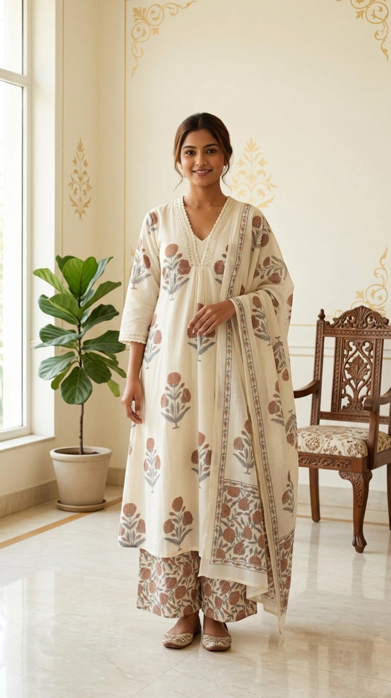 Women Off White Printed With Embroidered Cotton Kurta Pant Dupatta Set