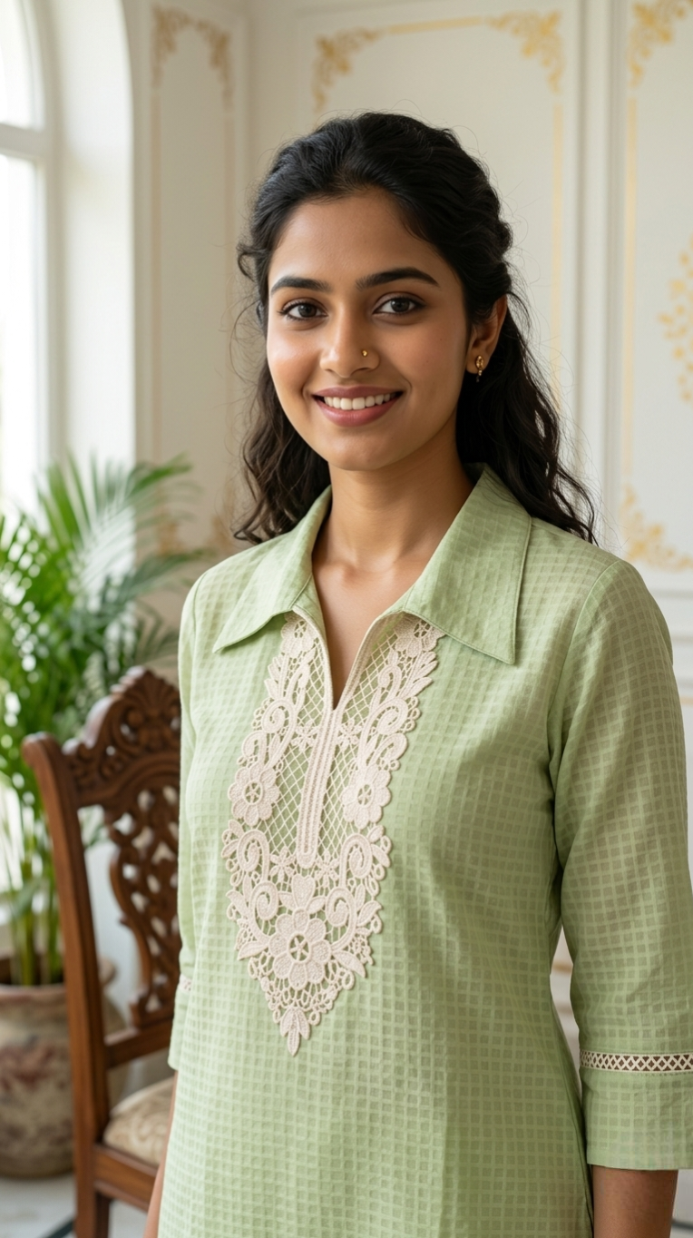 Women Pastel Green Lace Work Cotton Kurta Pant Set