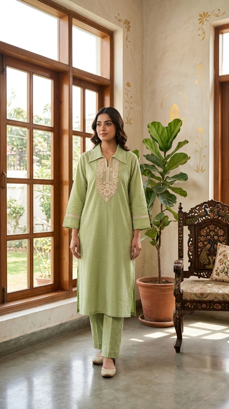 Women Pastel Green Lace Work Cotton Kurta Pant Set