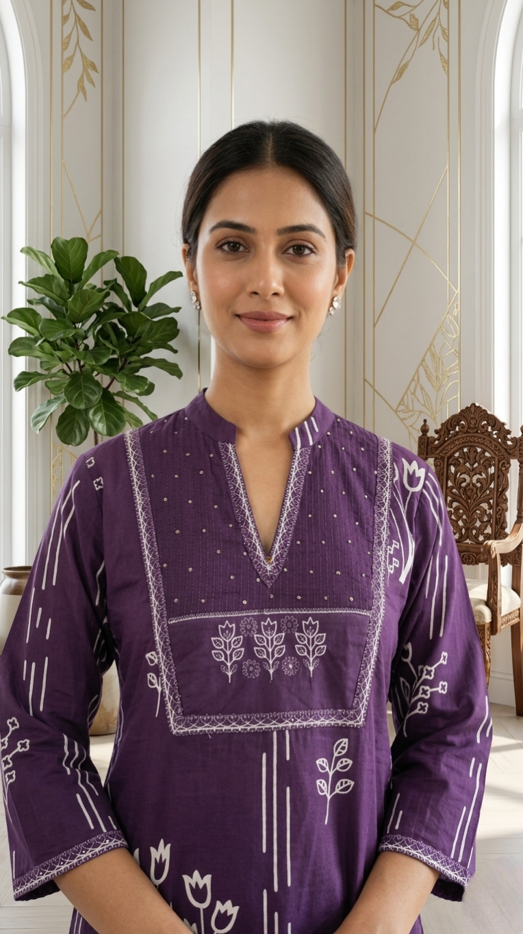 Women Purple Embroidered Cotton Kurta Pant Dupatta Set