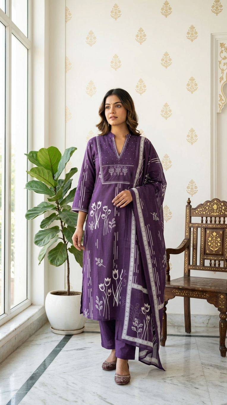 Women Purple Embroidered Cotton Kurta Pant Dupatta Set