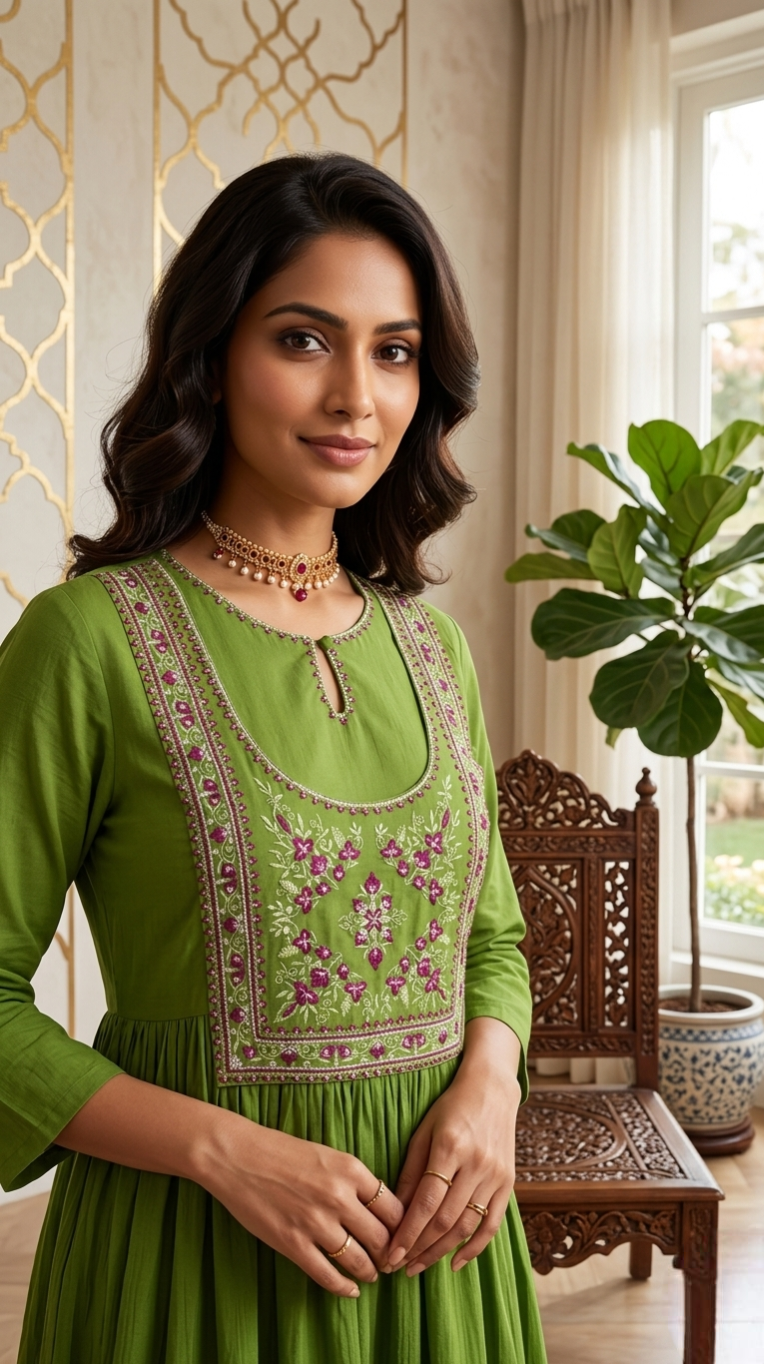 Women Green Zari Embroidered Mul Cotton Kurta Pant Dupatta Set