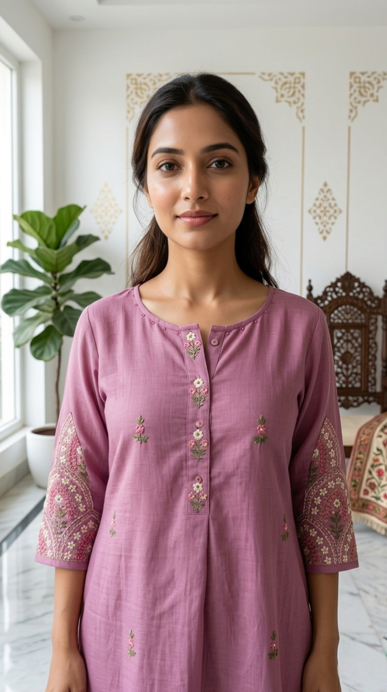 Women Wine Thread Embroidered Mul Cotton Kurta Pant Dupatta Set