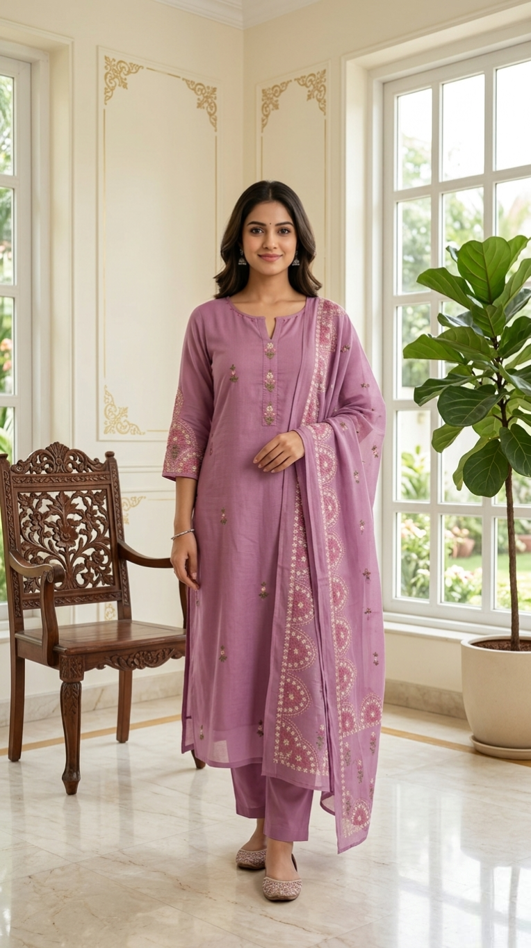 Women Wine Thread Embroidered Mul Cotton Kurta Pant Dupatta Set