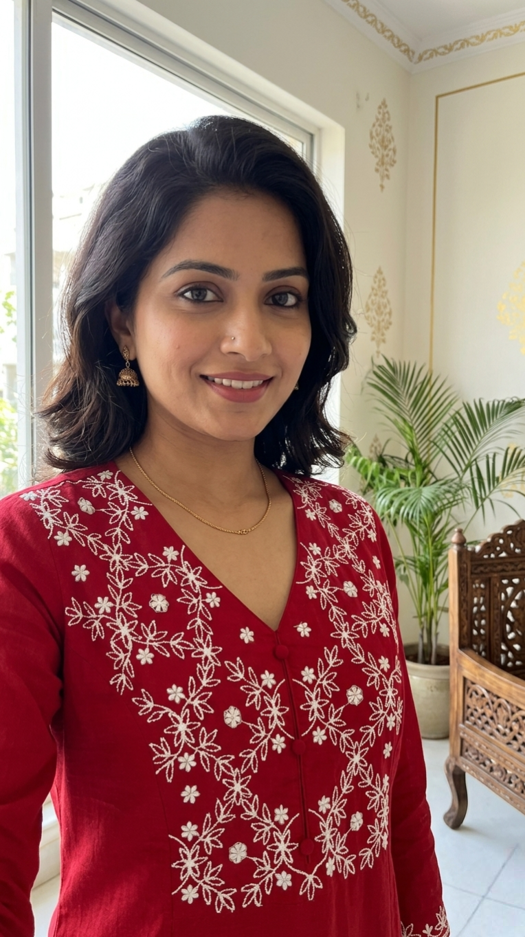 Women Red Thread Embroidered Cotton Kurta Pant Dupatta Set