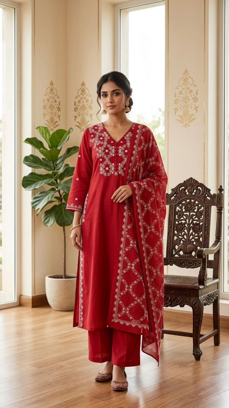 Women Red Thread Embroidered Cotton Kurta Pant Dupatta Set