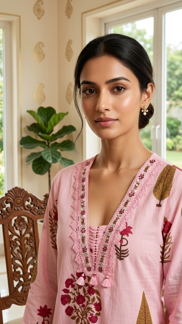 Women Pink Lace With Printed Cotton Kurta Pant Dupatta Set