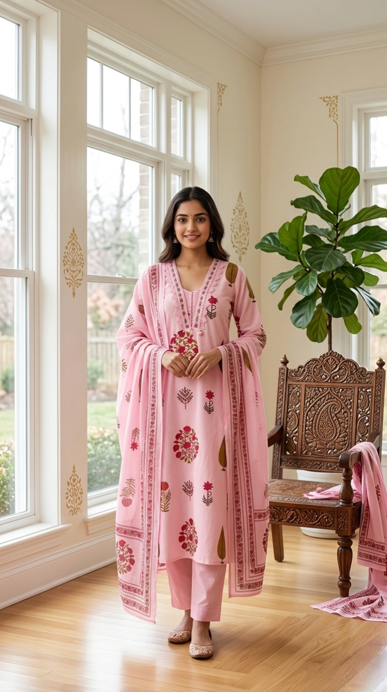 Women Pink Lace With Printed Cotton Kurta Pant Dupatta Set
