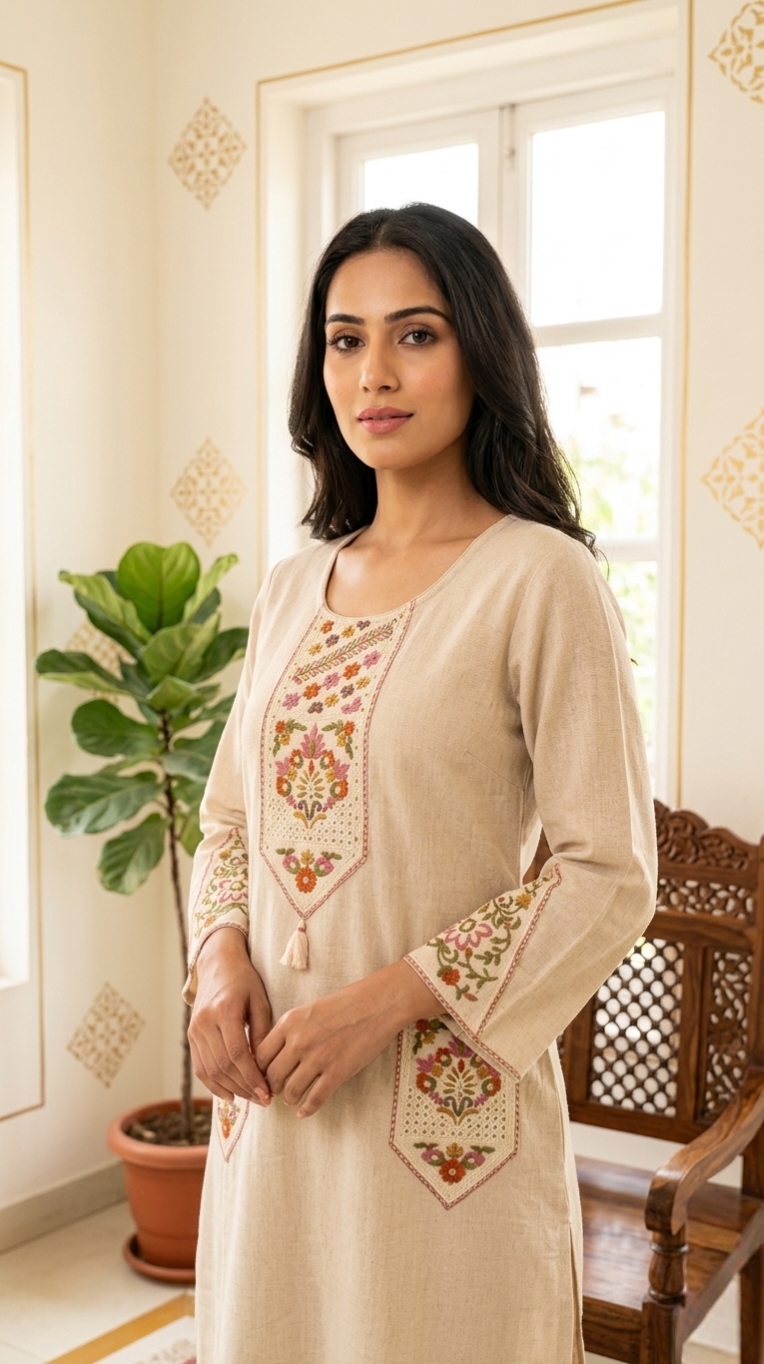 Women Beige Thread Embroidered Cotton Kurta Pant Dupatta Set