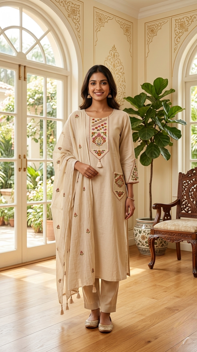 Women Beige Thread Embroidered Cotton Kurta Pant Dupatta Set