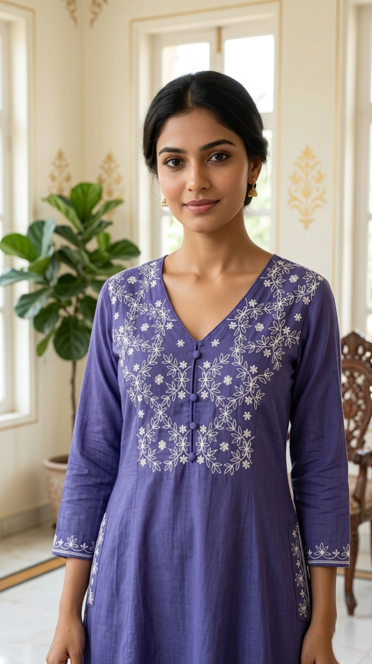 Women Purple Thread Embroidered Cotton Kurta Pant Dupatta Set