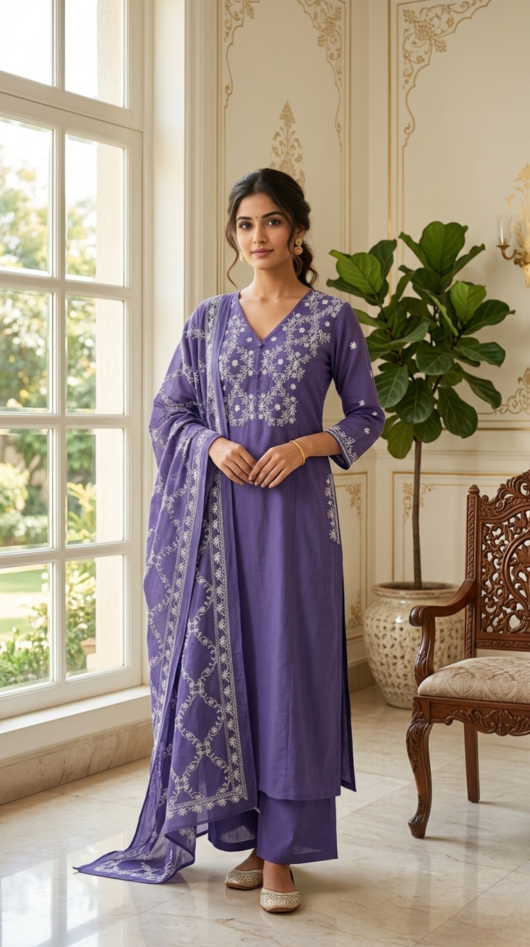Women Purple Thread Embroidered Cotton Kurta Pant Dupatta Set