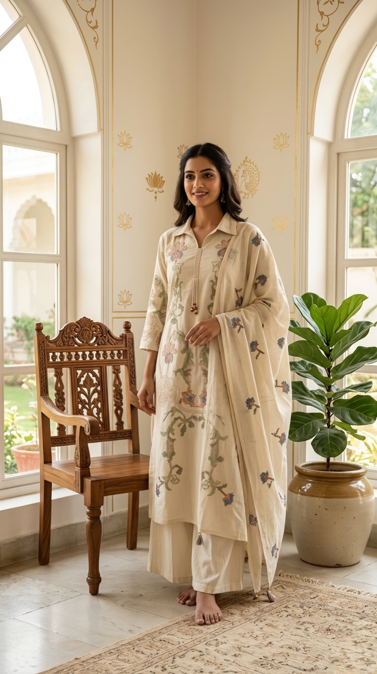 Women Beige Thread Embroidered Cotton Kurta Pant Dupatta Set