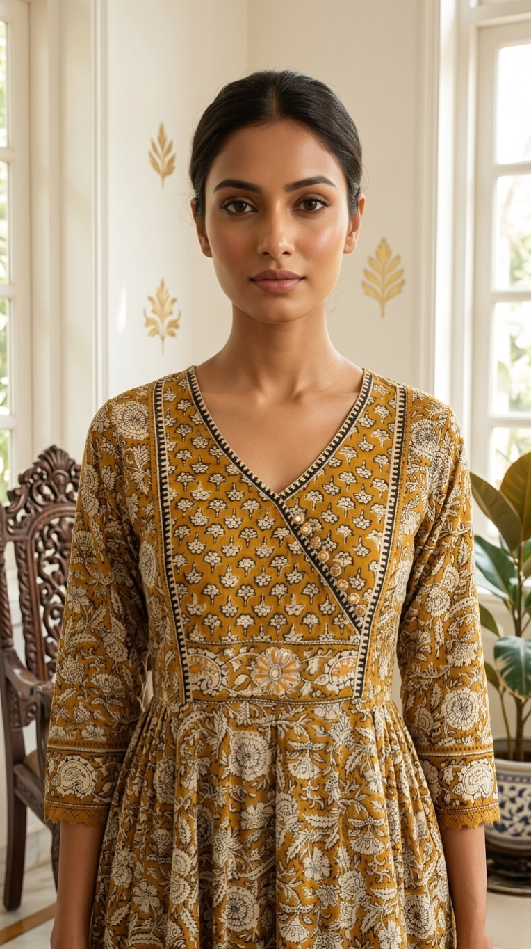 Women Mustard Yellow Kalamkari Printed Cotton Kurta Pant Dupatta Set