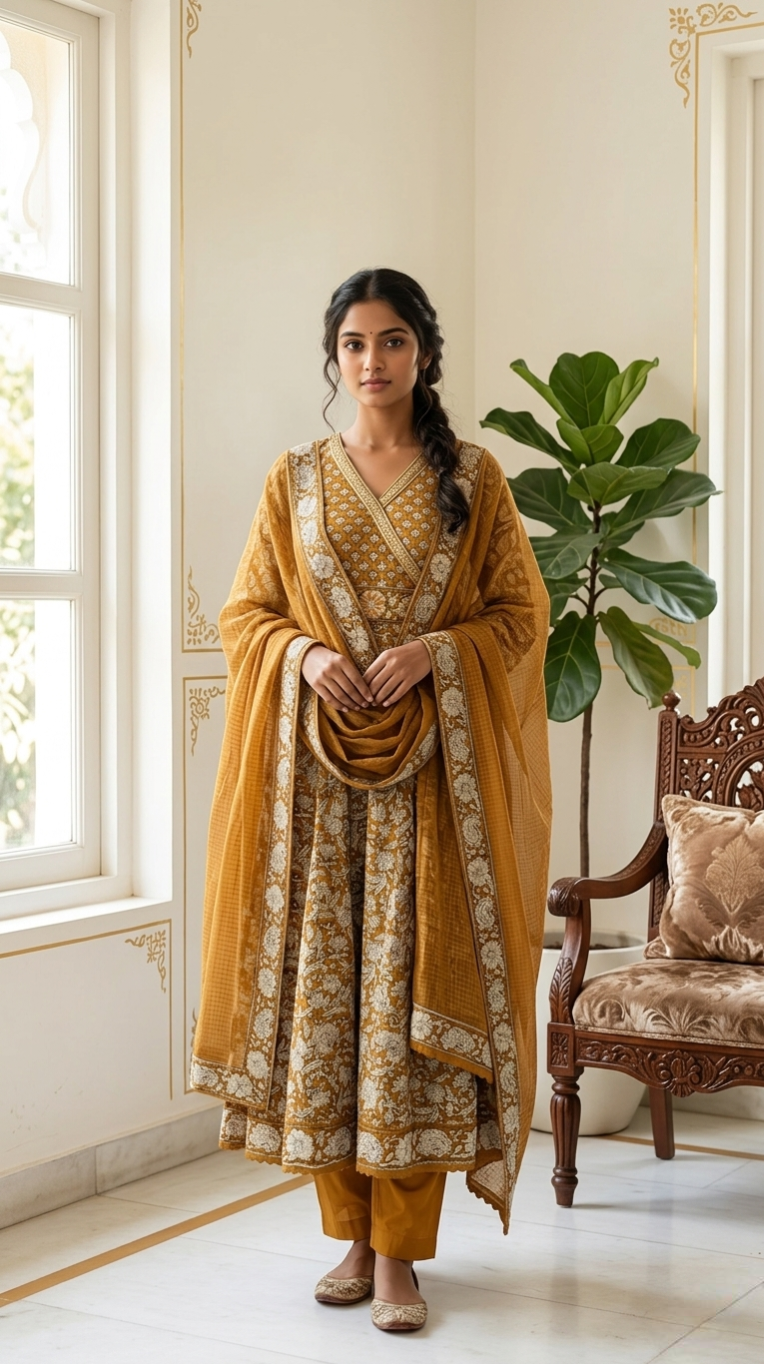 Women Mustard Yellow Kalamkari Printed Cotton Kurta Pant Dupatta Set