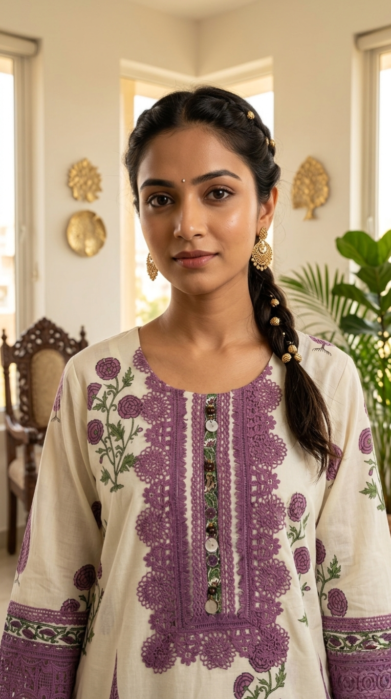 Women Off White Lace Work With Print Embroidered Mul Cotton Kurta Pant Dupatta Set