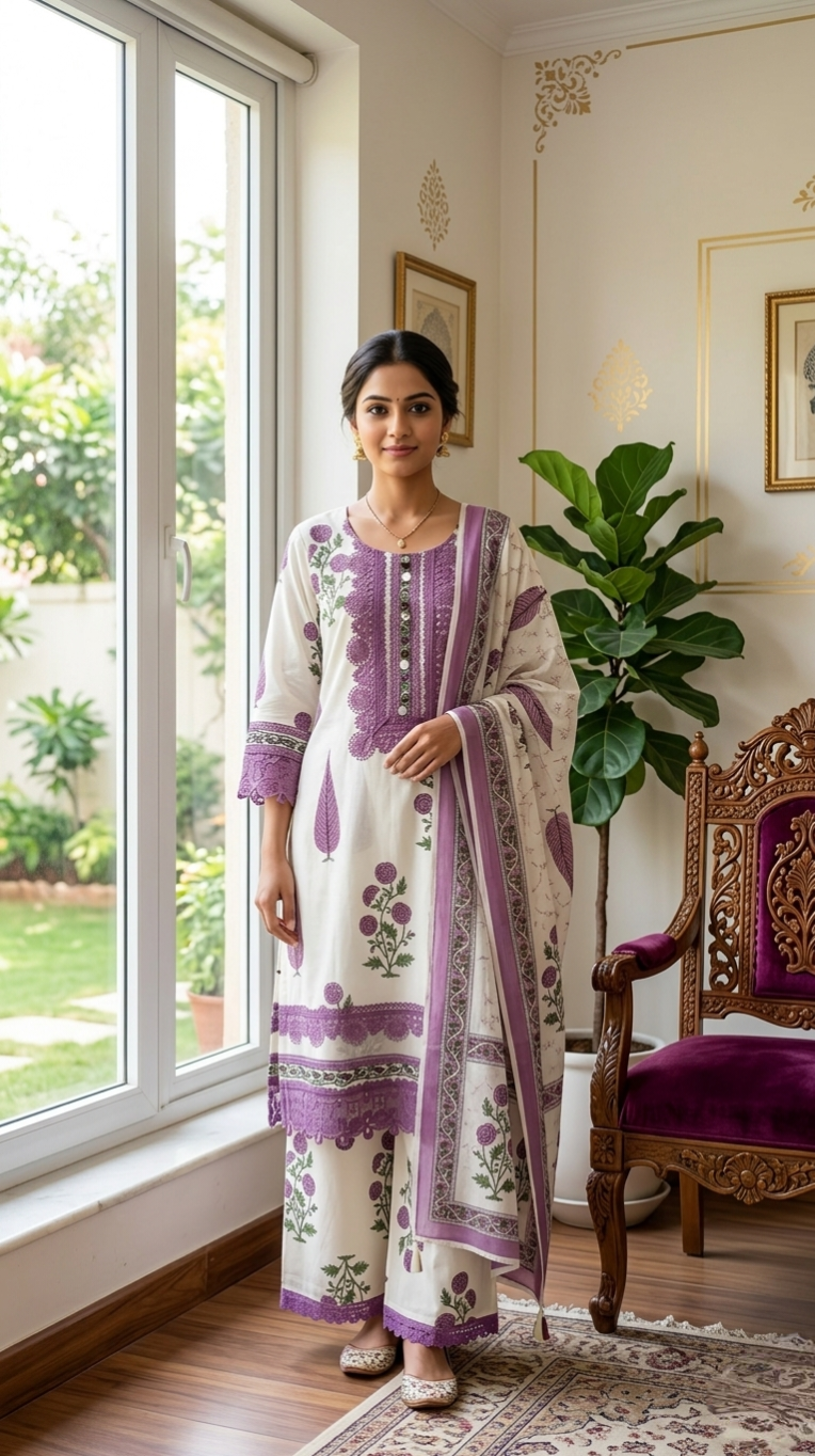 Women Off White Lace Work With Print Embroidered Mul Cotton Kurta Pant Dupatta Set