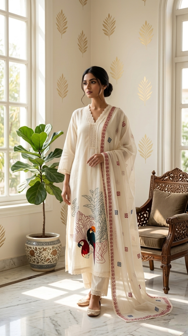 Women Off White Thread Embroidered Cotton Kurta Pant Dupatta Set