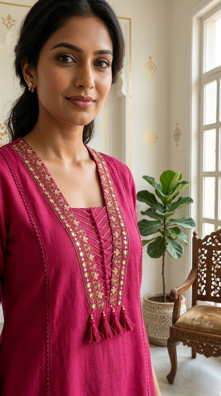 Women Red Zari Embroidered Cotton Kurta Pant Dupatta Set