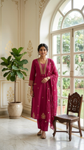 Women Red Zari Embroidered Cotton Kurta Pant Dupatta Set